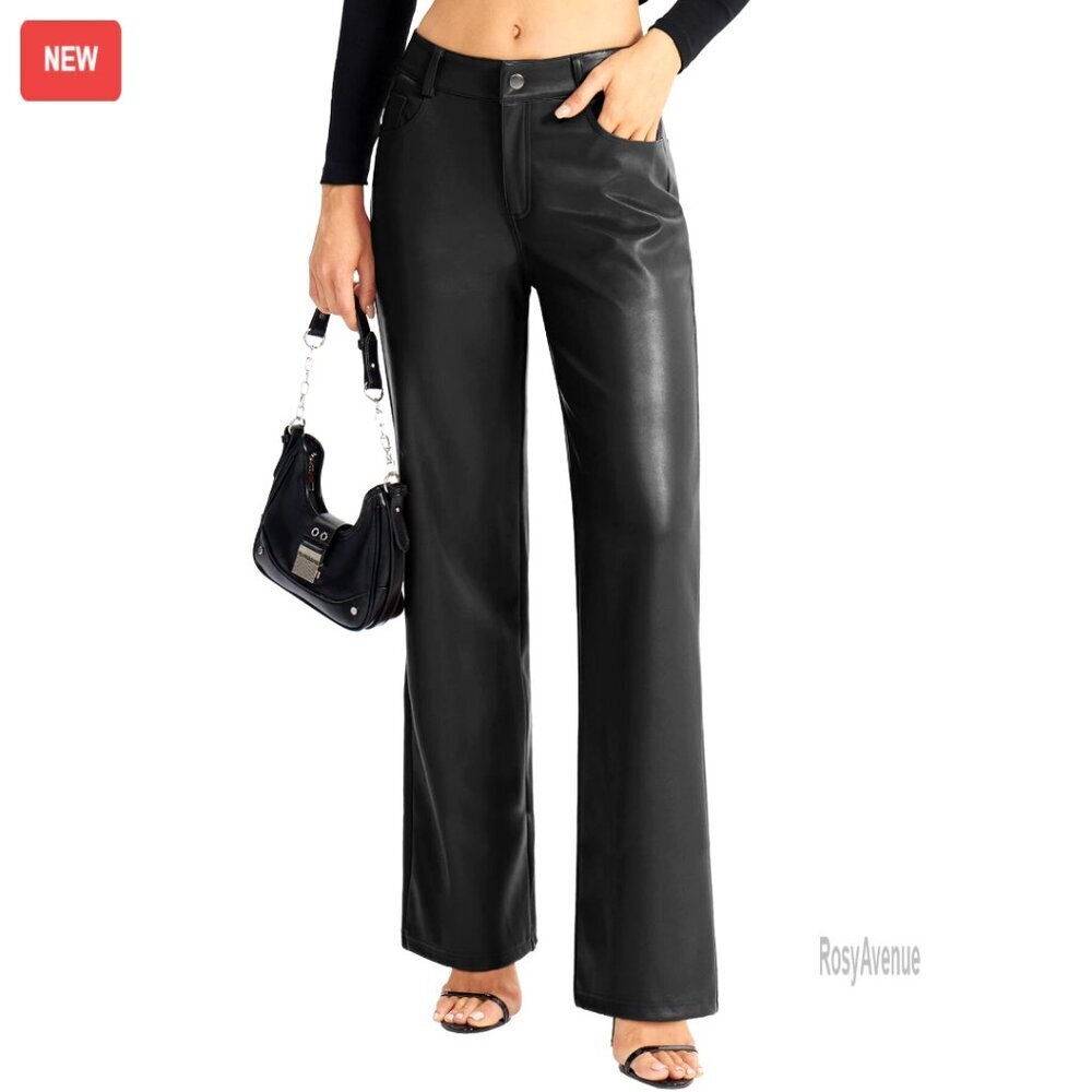 Faux Leather Wide Leg Pants Straight Fit Trousers with Pockets